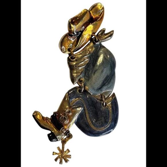 Vintage Don Lin Articulated Blue and Gold Enamel Cowboy Brooch - Picture 2 of 4